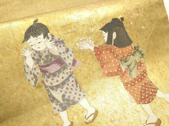 平和屋着物●太鼓柄袋帯　童子遊び　金糸　引箔　正絹　逸品　CAAZ4313hy 平和屋着物○太鼓柄袋帯 童子遊び 金糸 引箔 正絹 逸品 CAAZ4313hy