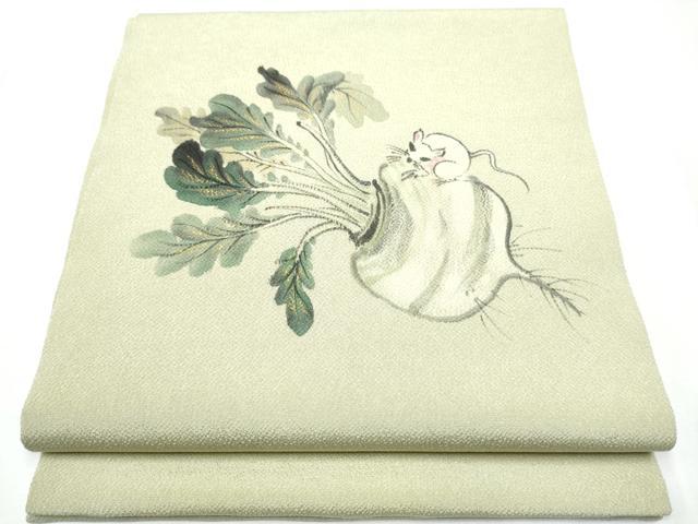 平和屋着物●九寸開き名古屋帯　手描き　鼠　かぶ　金彩　鬼しぼ縮緬　正絹　逸品　CAAZ4333hy