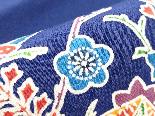 平和屋着物●九寸名古屋帯　型染め　流水草花文　鬼しぼ縮緬　正絹　逸品　CAAZ4339hy 平和屋着物○九寸名古屋帯 型染め 流水草花文 鬼しぼ縮緬