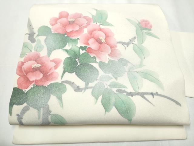 平和屋着物●塩瀬　九寸名古屋帯　手描き　枝花文　銀彩　正絹　逸品　CAAZ4348hy
