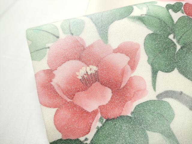 平和屋着物○塩瀬 九寸名古屋帯 手描き 枝花文 銀彩 正絹
