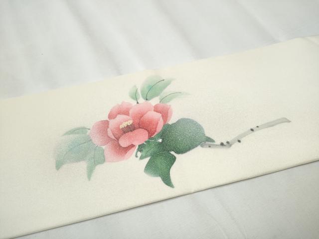 平和屋着物○塩瀬 九寸名古屋帯 手描き 枝花文 銀彩 正絹