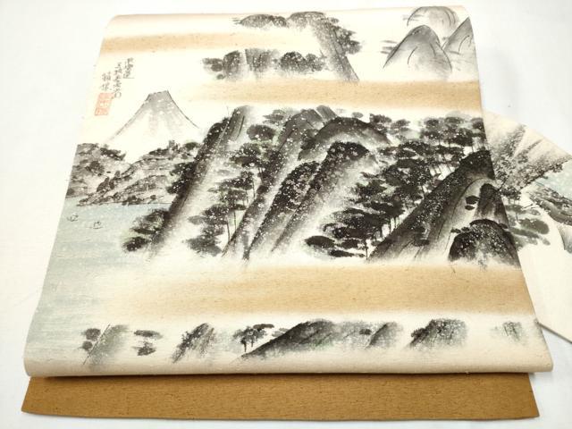 平和屋着物●九寸名古屋帯　手描き　紬地　草木染　東海道五十三次の図　箱根　正絹　逸品　CAAZ4351hy