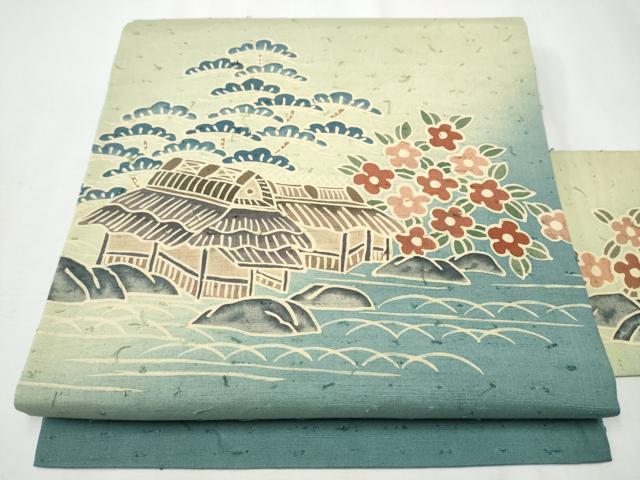 平和屋着物●九寸名古屋帯　髭紬　型染め　風景草花文　正絹　逸品　CAAZ4364hy