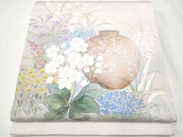 平和屋着物●塩瀬　九寸名古屋帯　作家物　陶器花文　金彩　正絹　逸品　CAAZ4394hy