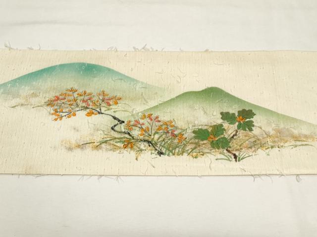 平和屋着物●九寸名古屋帯　作家物　手描き　髭紬　動物草花文　正絹　逸品　未使用　CAAZ6401dy 平和屋着物○九寸名古屋帯 作家物 手描き 髭紬 動物草花文 正絹 逸品