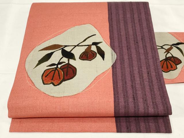 平和屋着物●九寸名古屋帯　作家物　紬地　刺繍　成り物　金彩　正絹　逸品　未使用　CAAZ6405dy