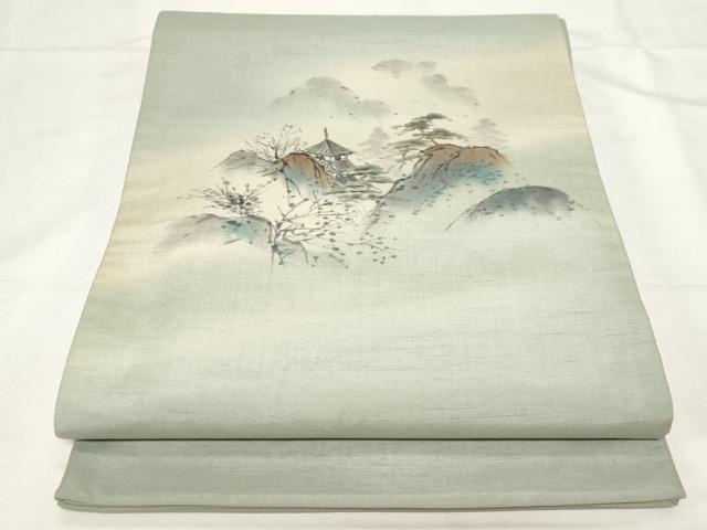 平和屋着物●太鼓柄袋帯　作家物　手描き　紬地　風景文　正絹　逸品　CAAZ6425dy