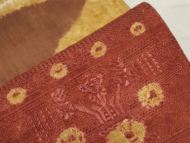 平和屋着物○中国三大刺繍 スワトウ刺繍 六通柄袋帯 絞り 紬