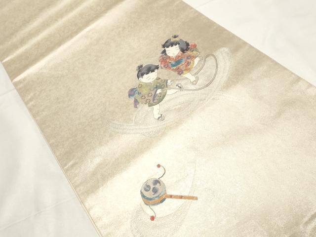 平和屋着物●太鼓柄袋帯　作家物　わらべ　縄とび　金糸　引箔　正絹　逸品　CAAZ6480dy 平和屋着物○太鼓柄袋帯 作家物 わらべ 縄とび 金糸 引箔 正絹 逸品