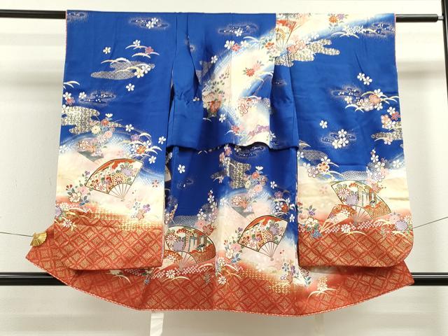平和屋着物[]七五三　女の子　３歳　祝着　三つ身　駒刺繍　扇面吉祥草花文　暈し染め　金彩　逸品　CAAZ6999ze