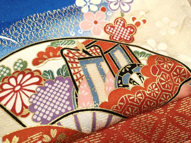 平和屋着物[]七五三　女の子　３歳　祝着　三つ身　駒刺繍　扇面吉祥草花文　暈し染め　金彩　逸品　CAAZ6999ze