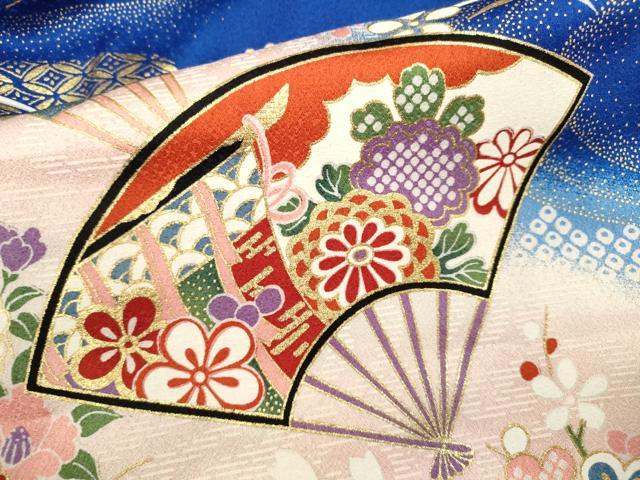 平和屋着物[]七五三　女の子　３歳　祝着　三つ身　駒刺繍　扇面吉祥草花文　暈し染め　金彩　逸品　CAAZ6999ze