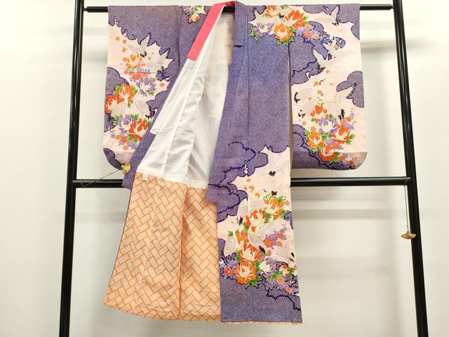平和屋着物[]七五三　女の子　７歳　祝着　四つ身　袋帯セット　駒刺繍　群鶴草花文　金彩　逸品　CAAZ7086ze_1