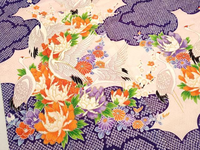 平和屋着物[]七五三　女の子　７歳　祝着　四つ身　袋帯セット　駒刺繍　群鶴草花文　金彩　逸品　CAAZ7086ze_2
