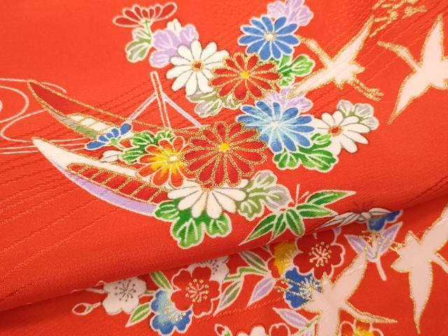 平和屋本店■希少　秋山章　打掛　七五三　7歳　十三参り　女の子　祝着　流水群鶴草花文　金銀彩　逸品　CYAA0040s4 平和屋本店□希少 秋山章 打掛 七五三 7歳 十三参り 女の子 祝着 流水