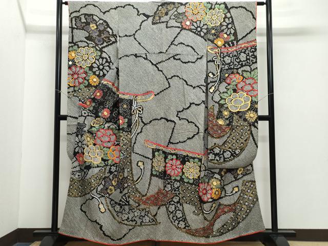 平和屋着物●豪華振袖　総絞り　几帳花文　黒地　金彩　正絹　逸品　CAAZ8007vf