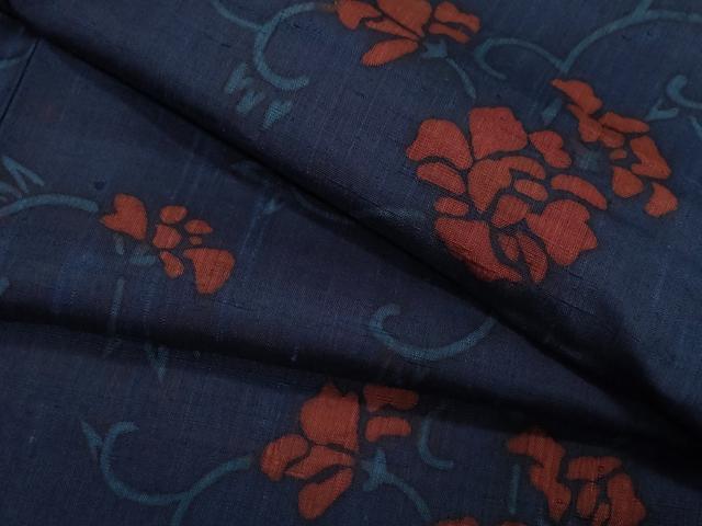 平和屋着物●上質な小紋　生紬　型染め　花唐草文　正絹　逸品　CAAZ8073vf