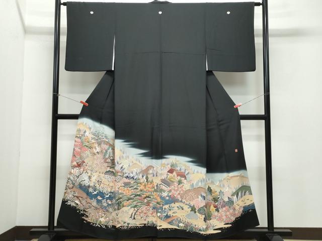 平和屋着物●豪華黒留袖　友禅　作家物　風景鴛鴦草花文　正絹　逸品　CAAZ8126vf