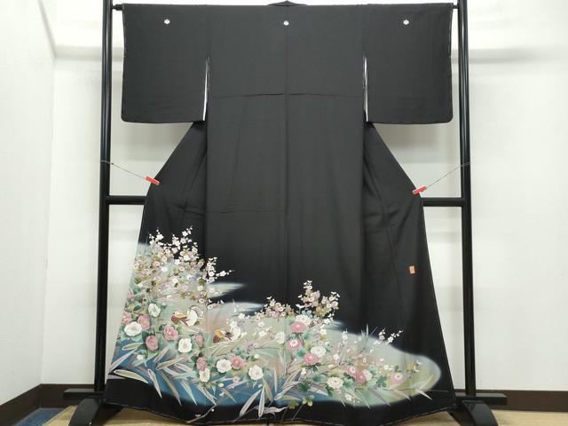 平和屋着物●豪華黒留袖　友禅　作家物　鴛鴦草花文　暈し染め　正絹　逸品　CAAZ8128vf