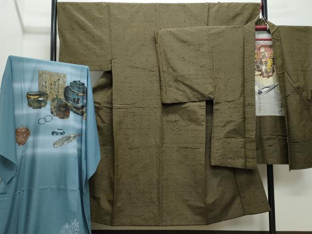 平和屋着物●男性　髭紬　アンサンブル・長襦袢セット　涅色　正絹　逸品　CAAZ8139vf