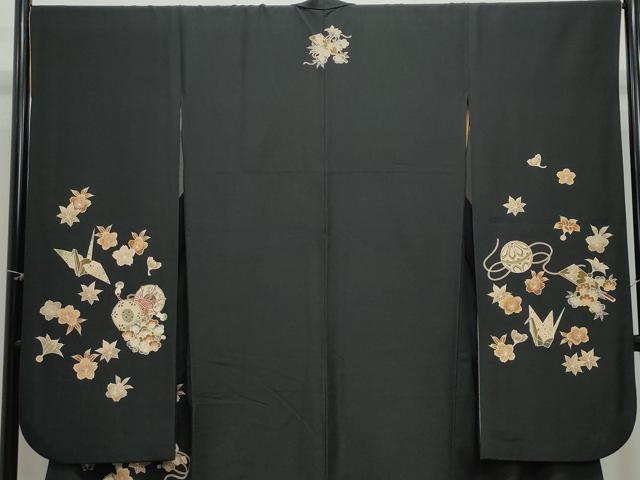 平和屋着物●豪華振袖　玩具鼓花文　黒地　洗える着物　CAAZ8178vf