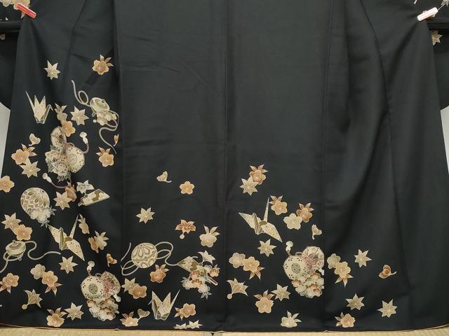 平和屋着物●豪華振袖　玩具鼓花文　黒地　洗える着物　CAAZ8178vf