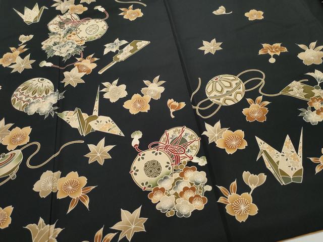 平和屋着物●豪華振袖　玩具鼓花文　黒地　洗える着物　CAAZ8178vf