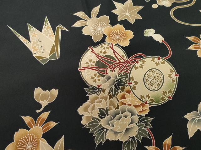 平和屋着物●豪華振袖　玩具鼓花文　黒地　洗える着物　CAAZ8178vf