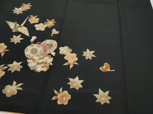 平和屋着物●豪華振袖　玩具鼓花文　黒地　洗える着物　CAAZ8178vf