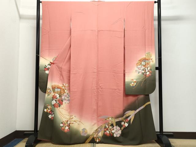 平和屋着物●豪華振袖　檜扇風景草花文　暈し染め　金銀彩　正絹　逸品　CAAZ8228vf