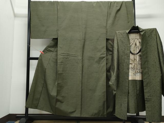 平和屋着物●男性　紬　髭紬羽織セット　藍媚茶色　キングサイズ　正絹　逸品　CAAZ8278vf