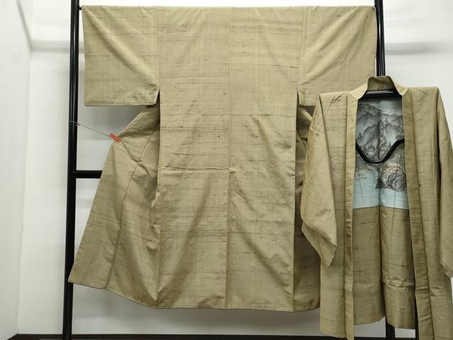 平和屋着物●男性　紬　アンサンブル　空五倍子色　正絹　逸品　CAAZ8283vf