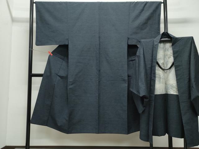 平和屋着物●男性　紬　アンサンブル　藍鉄色　正絹　逸品　CAAZ8284vf