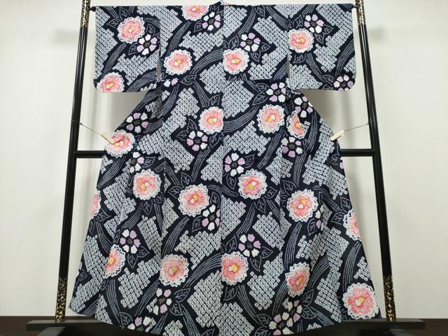 平和屋着物∴夏物　浴衣　有松鳴海絞り　牡丹花文　綿　逸品　CABA0416ng