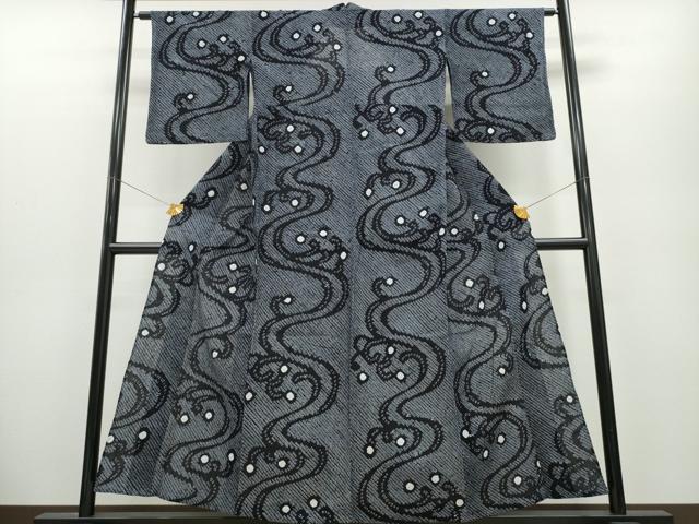 平和屋着物∴夏物　浴衣　有松鳴海絞り　立波文　綿　逸品　CABA0468ng