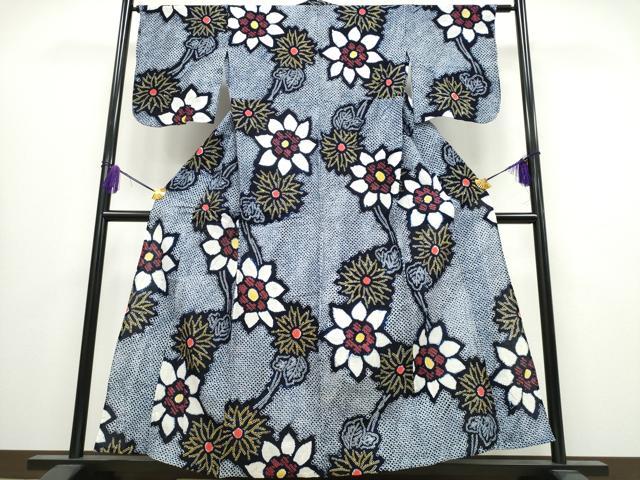 平和屋着物∴夏物　浴衣　有松鳴海絞り　枝菊文　綿　逸品　CABA0620ng