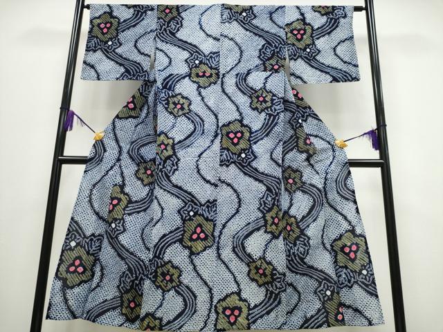 平和屋着物∴夏物　浴衣　有松鳴海絞り　流水花文　綿　逸品　CABA0631ng