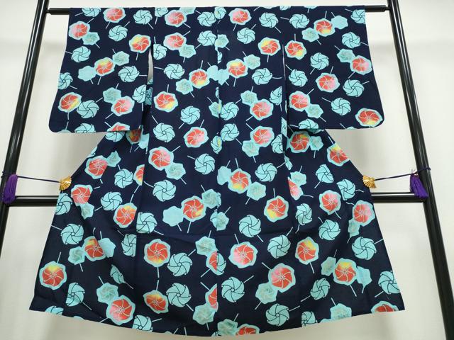 平和屋着物∴夏物　浴衣　子供　女の子　風車　綿　逸品　CABA0643ng