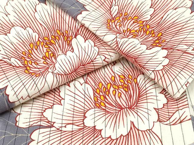 平和屋着物∴夏物　浴衣　牡丹　間道　綿麻　逸品　CABA0652ng