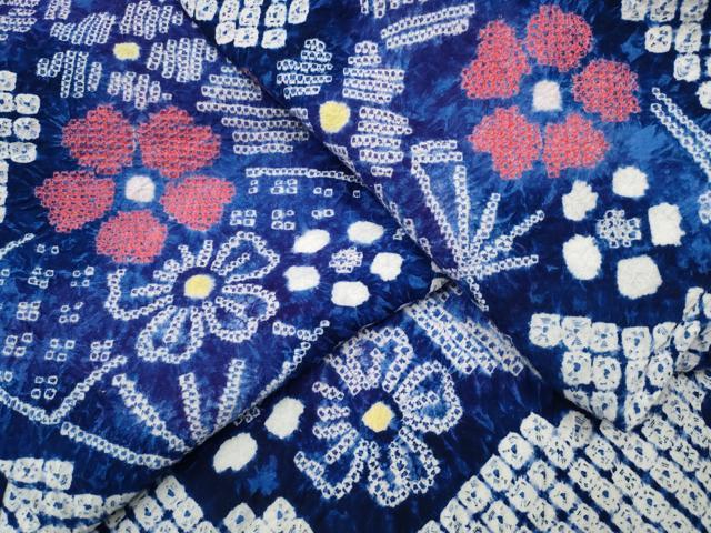 平和屋着物∴夏物　浴衣　有松鳴海絞り　エ霞扇面花文　綿　逸品　CABA0668ng