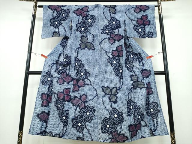 平和屋着物∴夏物　浴衣　有松鳴海絞り　草葉花文　綿　逸品　CABA0683ng