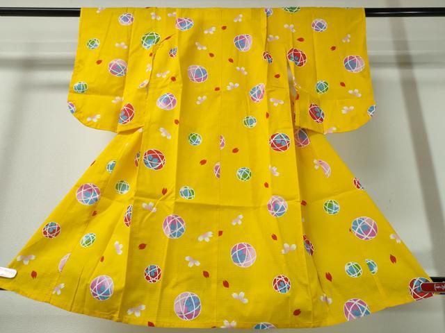 平和屋着物∴夏物　浴衣　子供　綿紅梅　毬　舞桜　綿　逸品　未使用　CABA0706ng