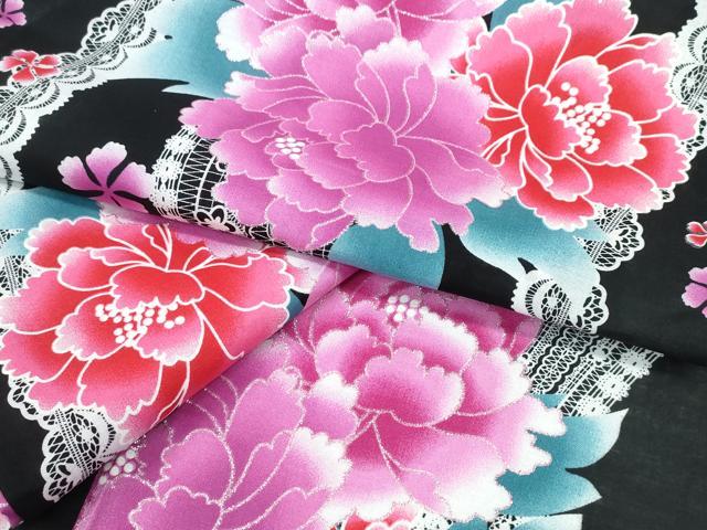 平和屋着物∴夏物　浴衣　ラメ　レース牡丹花文　黒地　綿　逸品　未使用　CABA0707ng