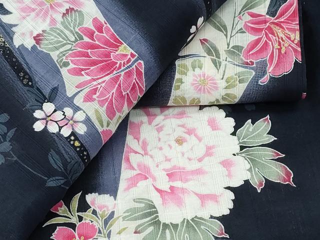 平和屋着物∴夏物　浴衣　ラメ　竹縞牡丹花文　黒地　綿　逸品　CABA0709ng