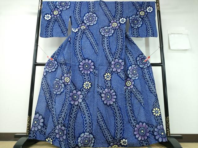 平和屋着物∴夏物　浴衣　有松鳴海絞り　舞葉花文　綿　逸品　CABA0755ng