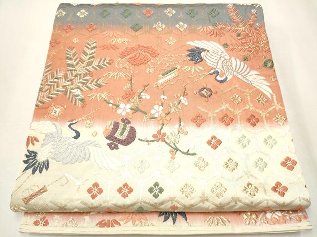 平和屋着物●六通柄袋帯　唐織　飛鶴草花文　金糸　正絹　逸品　CABA0815hy