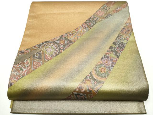平和屋着物●染色作家　斉藤三才　太鼓柄袋帯　熨斗草花文　金彩　正絹　逸品　CABA0832hy