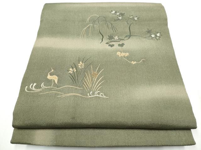 平和屋着物●アンティーク　大正ロマン　丸帯　総刺繍　草花鶴文　引き抜き帯　正絹　逸品　CABA0842hy