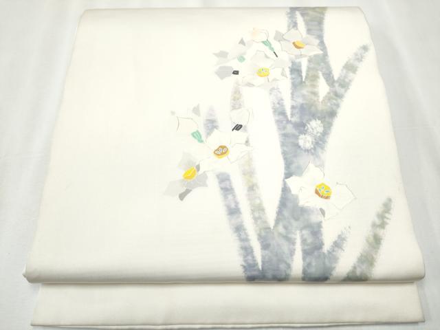 平和屋着物●着物デザイナー　園山明子　塩瀬　九寸開き名古屋帯　枝花文　正絹　逸品　CABA0875hy